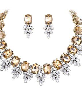 Costume Crystal Marquise Statement Jewelry Set, Vintage Oval Rhinestone Choker P